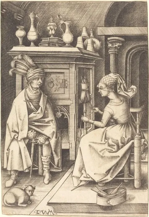 Framed Print : The Visit to the Spinner, c. 1495 / 1503. Creator: Israhel van Meckenem Framed Print : The Visit to the Spinner, c. 1495 / 1503. Creator: Israhel van Meckenem