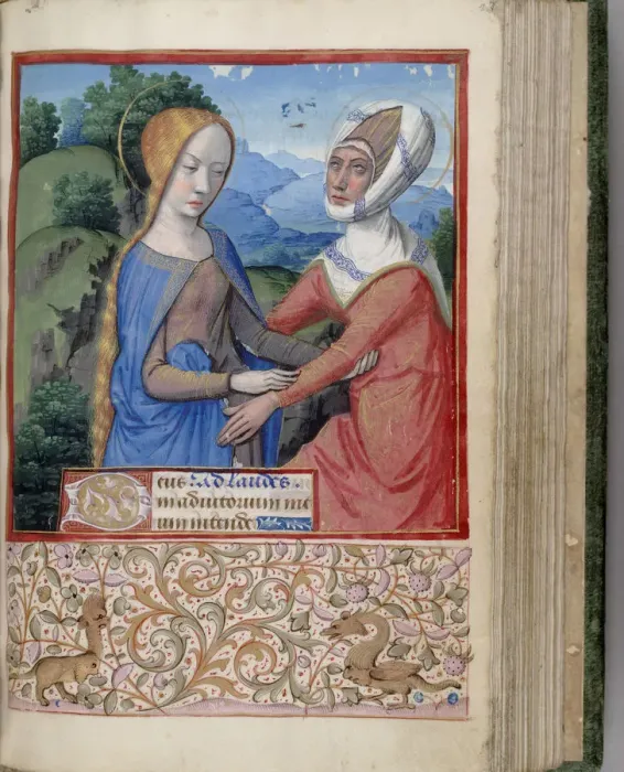 Framed Print : The Visitation (Book of Hours), 1485-1499. Artist: Bourdichon, Jean (1457-1521) Framed Print : The Visitation (Book of Hours), 1485-1499. Artist: Bourdichon, Jean (1457-1521)