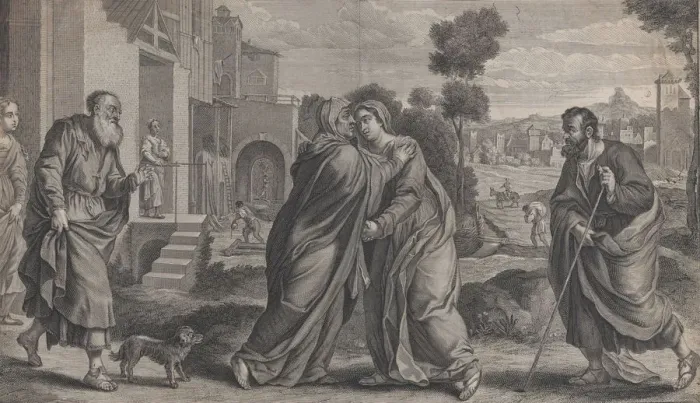 Framed Print : Visitation; Saint Elizabeth embracing the Virgin at center as Saint Joseph walks to Framed Print : Visitation; Saint Elizabeth embracing the Virgin at center as Saint Joseph walks to