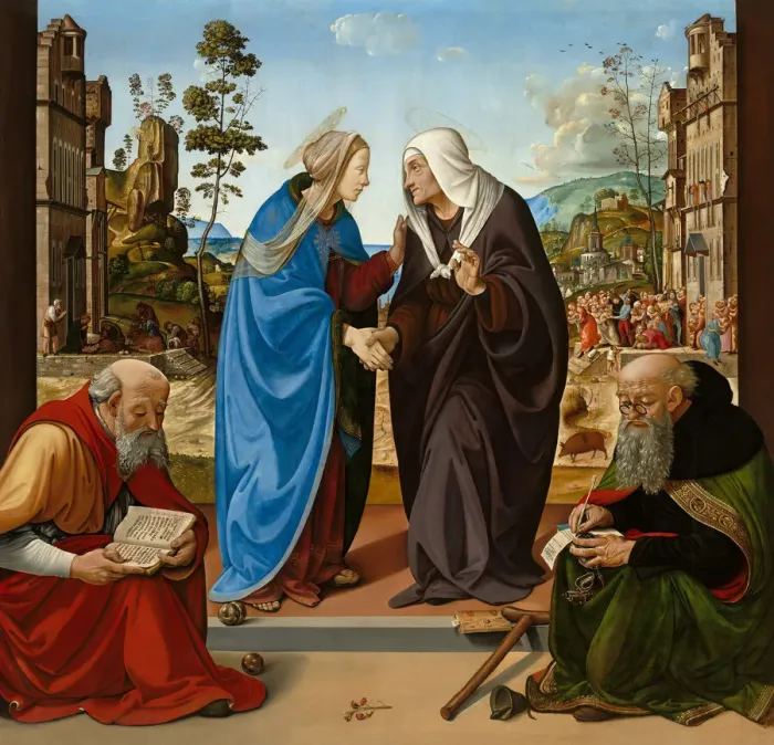 Framed Print : The Visitation with Saint Nicholas and Saint Anthony Abbot, c. 1489 / 1490 Framed Print : The Visitation with Saint Nicholas and Saint Anthony Abbot, c. 1489 / 1490