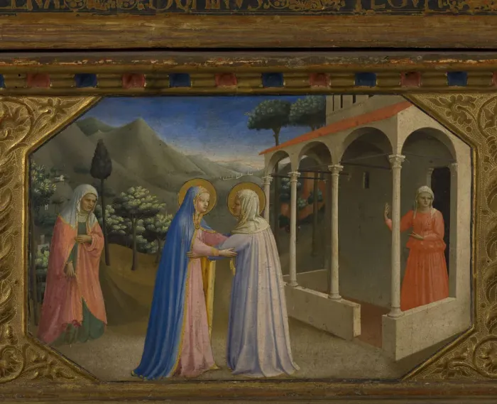 Framed Print : The Visitation (The Annunciation retable with 5 Predella scenes), 1430-1432. Artist: Angelico, Fra Giovanni, da Fiesole (ca. 1400-1455) Framed Print : The Visitation (The Annunciation retable with 5 Predella scenes), 1430-1432. Artist: Angelico, Fra Giovanni, da Fiesole (ca. 1400-1455)