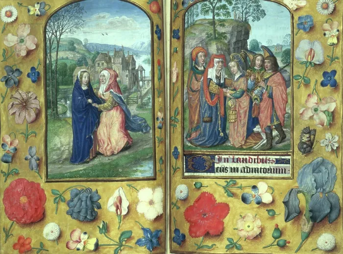Framed Print : The Visitation, and Tobias and his wife Sara being welcomed by Anna, late 15th-16th century. Creator: Unknown Framed Print : The Visitation, and Tobias and his wife Sara being welcomed by Anna, late 15th-16th century. Creator: Unknown