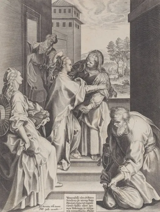 Framed Print : The Visitation, the Virgin and Saint Elizabeth embracing in the center Framed Print : The Visitation, the Virgin and Saint Elizabeth embracing in the center