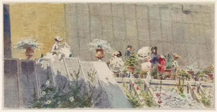 Framed Print : Visitors at a flower nursery, 1865-1892. Creator: Amerino Cagnoni Framed Print : Visitors at a flower nursery, 1865-1892. Creator: Amerino Cagnoni