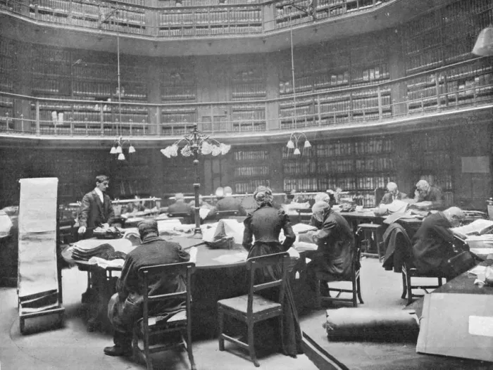 Framed Print : Visitors searching through volumes at the Public Record Office, Chancery Lane, London, 1903 Framed Print : Visitors searching through volumes at the Public Record Office, Chancery Lane, London, 1903