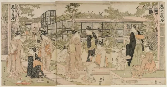 Framed Print : Visitors to the Shika Tea House, early 1790s. Creator: Utagawa Toyokuni (Japanese, 1769-1825) Framed Print : Visitors to the Shika Tea House, early 1790s. Creator: Utagawa Toyokuni (Japanese, 1769-1825)