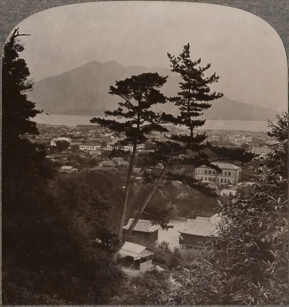 Vista from hills above Kagoshima over Lake to distant Sakurajima volcano, Japan, 1904