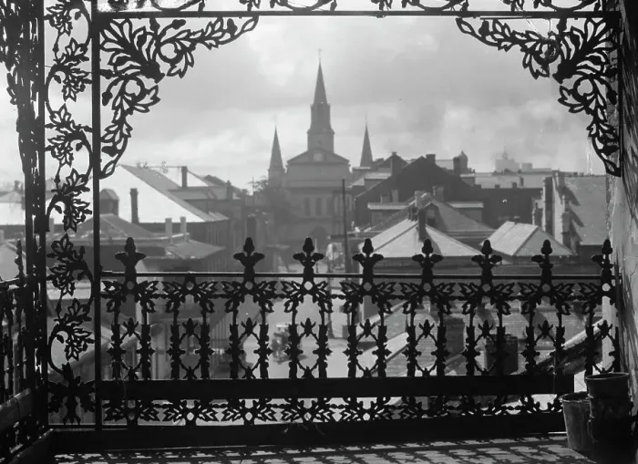 Framed Print : A vista through iron lace, New Orleans, between 1920 and 1926. Creator: Arnold Genthe Framed Print : A vista through iron lace, New Orleans, between 1920 and 1926. Creator: Arnold Genthe