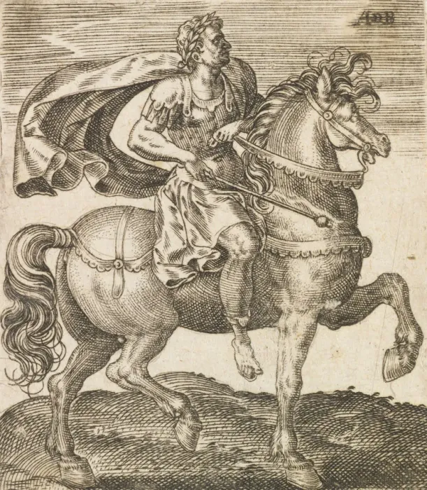 Framed Print : A Vitellius from Twelve Caesars on Horseback, c1565-1587. Creator: Abraham de Bruyn Framed Print : A Vitellius from Twelve Caesars on Horseback, c1565-1587. Creator: Abraham de Bruyn