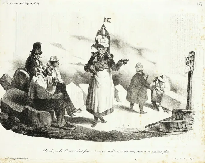 Framed Print : V'la, v'la l'coco! il est frais... 1833. Creator: Honore Daumier