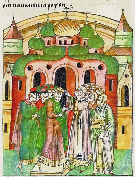 Framed Print : Vladimir Vsevolodovich crowned by Bishop Neophytos with Monomakhs Cap. (From the Illuminated Compil Artist: Anonymous Framed Print : Vladimir Vsevolodovich crowned by Bishop Neophytos with Monomakhs Cap. (From the Illuminated Compil Artist: Anonymous