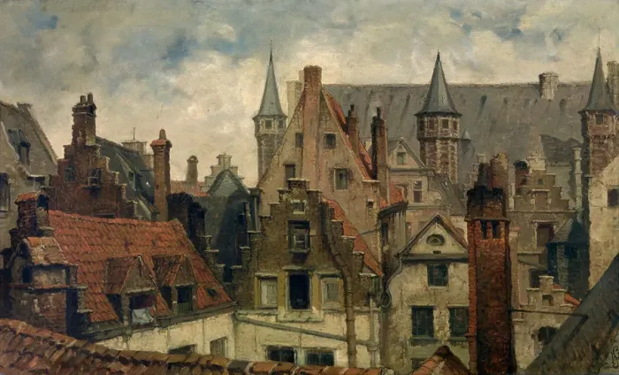 Framed Print : The Vleeshuis, Old Roofs and Crow-Stepped Gables, c1870s. Creator: Hendrik Frans Schaefels Framed Print : The Vleeshuis, Old Roofs and Crow-Stepped Gables, c1870s. Creator: Hendrik Frans Schaefels