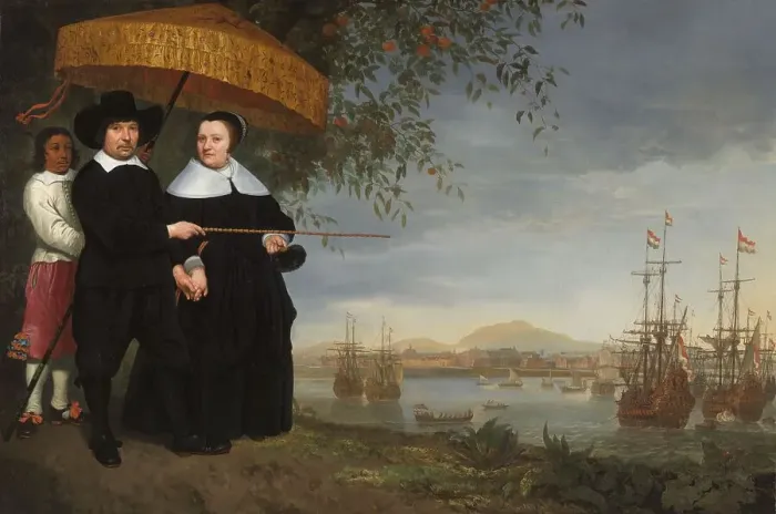 Framed Print : VOC Senior Merchant with his Wife and an Enslaved Servant, c.1650-c.1655. Creator: Circle of Aelbert Cuyp Framed Print : VOC Senior Merchant with his Wife and an Enslaved Servant, c.1650-c.1655. Creator: Circle of Aelbert Cuyp