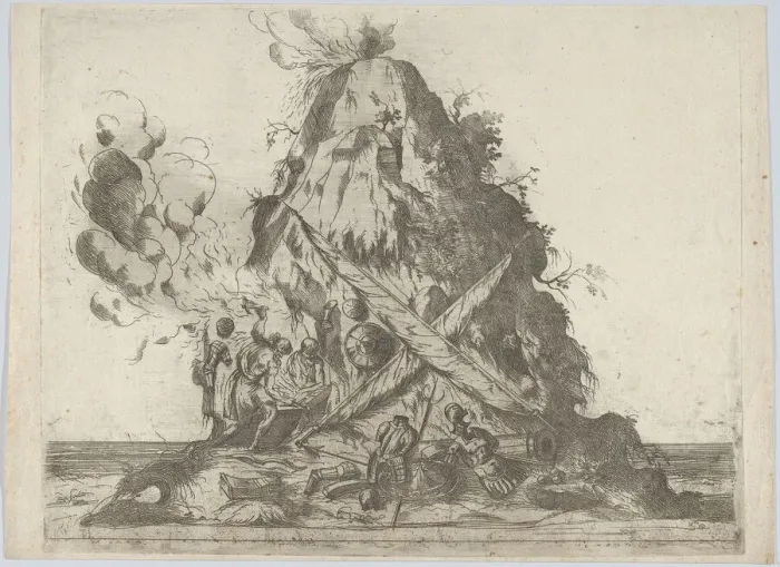 Framed Print : Volcano at center with blacksmiths working at left and armor on the ground around... 16th century. Creator: Anon Framed Print : Volcano at center with blacksmiths working at left and armor on the ground around... 16th century. Creator: Anon