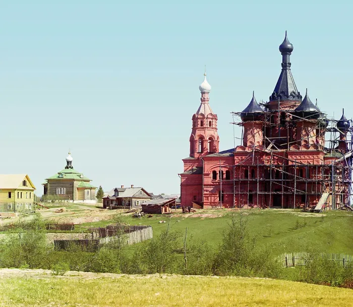 Framed Print : Volgoverkhove Monastery for women; Cathedral of the Transfiguration of Our Lord under... 1910. Creator: Sergey Mikhaylovich Prokudin-Gorsky
