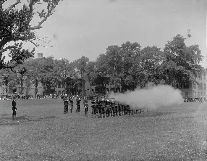 Framed Print : Volley firing, U.S. Naval Academy, between 1890 and 1901. Creator: Unknown Framed Print : Volley firing, U.S. Naval Academy, between 1890 and 1901. Creator: Unknown