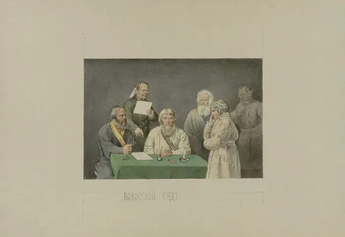 Framed Print : Volost court, 1862-1887. Creator: Mikhail Znamensky Framed Print : Volost court, 1862-1887. Creator: Mikhail Znamensky