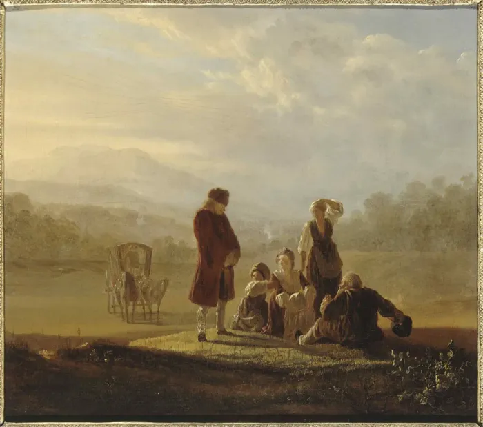 Framed Print : Voltaire and the peasants of Ferney, ca 1770. Creator: Huber, Jean (1721-1786) Framed Print : Voltaire and the peasants of Ferney, ca 1770. Creator: Huber, Jean (1721-1786)