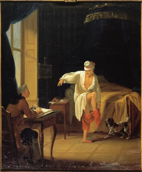 Framed Print : Voltaire on rising in Ferney, dictating to his secretary Collini, c1772. Creator: Jean Huber Framed Print : Voltaire on rising in Ferney, dictating to his secretary Collini, c1772. Creator: Jean Huber
