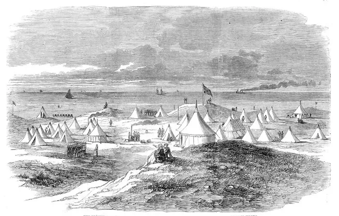 Framed Print : The Volunteer Camp, on Crosby Sands, near Liverpool - from a drawing by William Woods, 1860. Creator: Unknown Framed Print : The Volunteer Camp, on Crosby Sands, near Liverpool - from a drawing by William Woods, 1860. Creator: Unknown