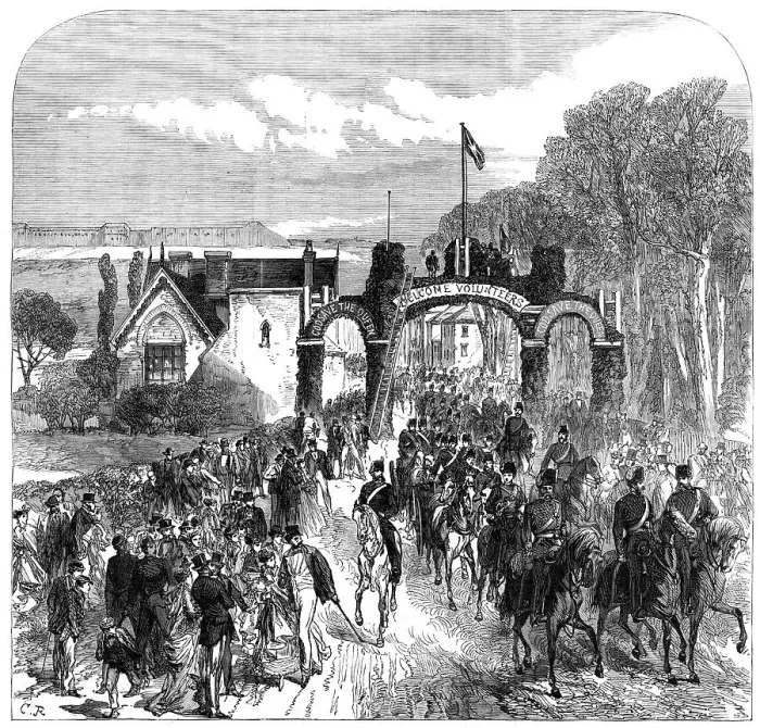 Framed Print : The Volunteer Review at Portsmouth: the 1st Middlesex Artillery...Cosham...Good Friday, 1868. Creator: C. R Framed Print : The Volunteer Review at Portsmouth: the 1st Middlesex Artillery...Cosham...Good Friday, 1868. Creator: C. R