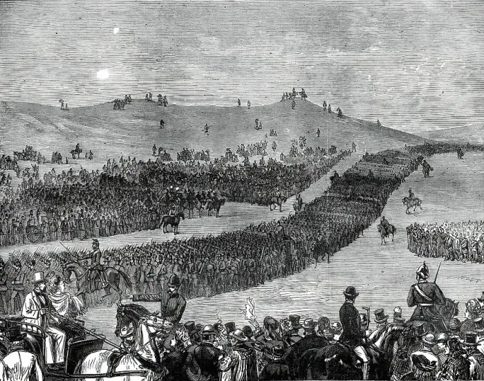 Framed Print : The Volunteer Review at Tring on Easter Monday: the March Past at Beacon Hill, 1876. Creator: Unknown