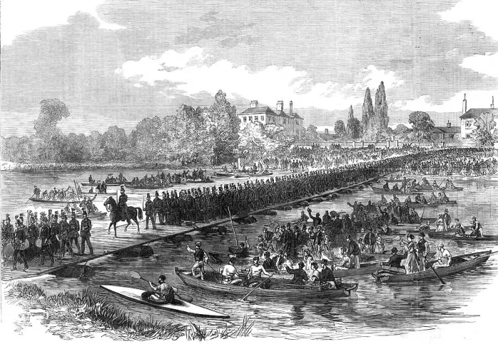 Framed Print : The Volunteer Review at Windsor: volunteers crossing the pontoon bridge over the Thames... 1868. Creator: Unknown Framed Print : The Volunteer Review at Windsor: volunteers crossing the pontoon bridge over the Thames... 1868. Creator: Unknown