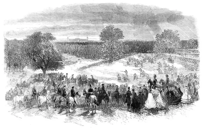 Framed Print : The Volunteer Sham Fight in Camden Park - skirmishers covering the retreat, 1860. Creator: Unknown Framed Print : The Volunteer Sham Fight in Camden Park - skirmishers covering the retreat, 1860. Creator: Unknown