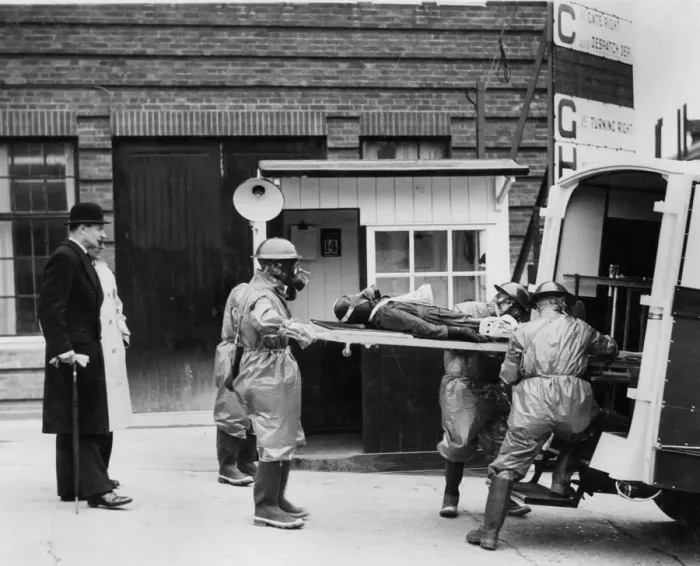 Framed Print : Volunteer stretcher party at Vauxhall factory, Wing Commander Hodsall, WW2 Creator: Unknown Framed Print : Volunteer stretcher party at Vauxhall factory, Wing Commander Hodsall, WW2 Creator: Unknown