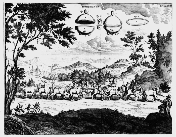 Framed Print : Von Guerickes demonstration of the strength of air pressure, 1672