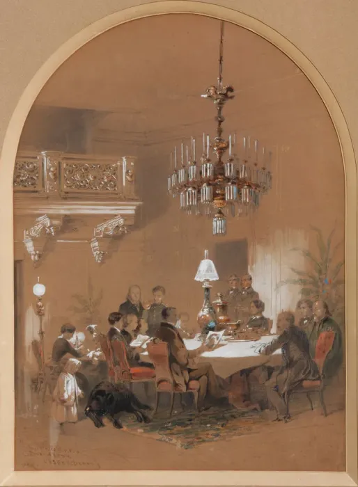 Framed Print : Vonlyarlyarsky Salon in Vonlyarovo, 1855. Artist: Mikeshin, Mikhail Osipovitsch (1835-1896) Framed Print : Vonlyarlyarsky Salon in Vonlyarovo, 1855. Artist: Mikeshin, Mikhail Osipovitsch (1835-1896)
