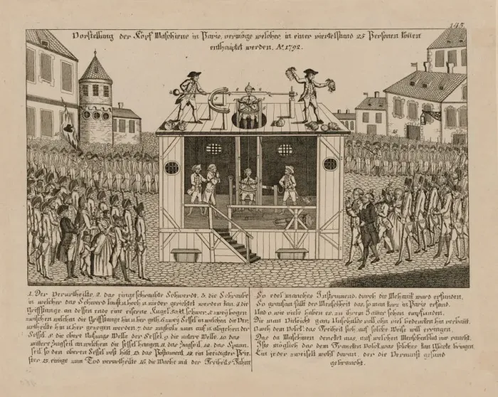 Framed Print : Vorstellung der Kopf-Maschine zu Paris, 1792. Creator: Anonymous
