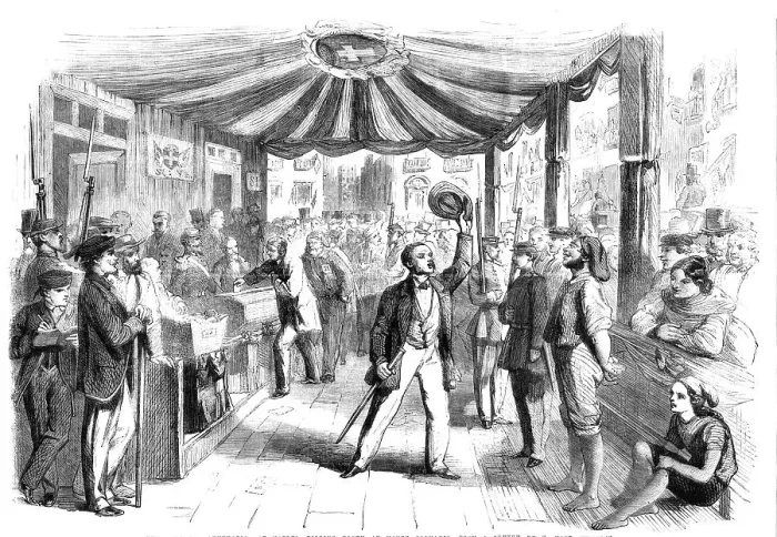 Framed Print : The vote for annexation at Naples - polling booth at Monte Calvario - from a sketch by T. Nast, 1860 Creator: Unknown Framed Print : The vote for annexation at Naples - polling booth at Monte Calvario - from a sketch by T. Nast, 1860 Creator: Unknown