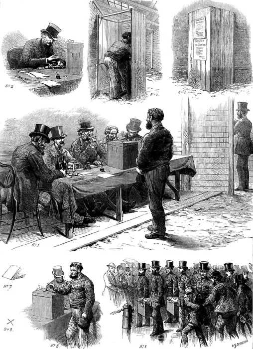 Framed Print : Vote by ballot: sketches at the Taunton Election, 1873. Creator: Unknown Framed Print : Vote by ballot: sketches at the Taunton Election, 1873. Creator: Unknown