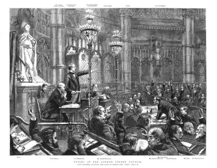 Framed Print : Voting at the London County Council; Lord Roseberry counting the show of hands... 1890. Creator: Unknown Framed Print : Voting at the London County Council; Lord Roseberry counting the show of hands... 1890. Creator: Unknown