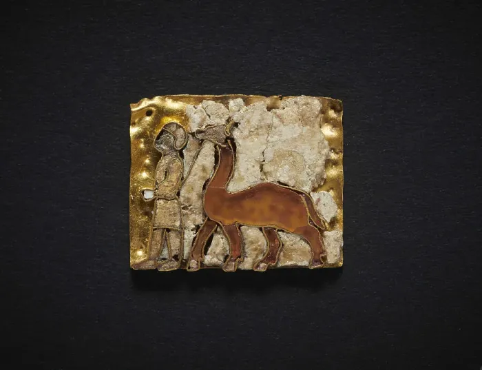 Framed Print : Votive plaque in cloisonné with man leading a camel. From the Oxus Temple... 6th-5th cent. BC. Creator: Central Asian Art Framed Print : Votive plaque in cloisonné with man leading a camel. From the Oxus Temple... 6th-5th cent. BC. Creator: Central Asian Art