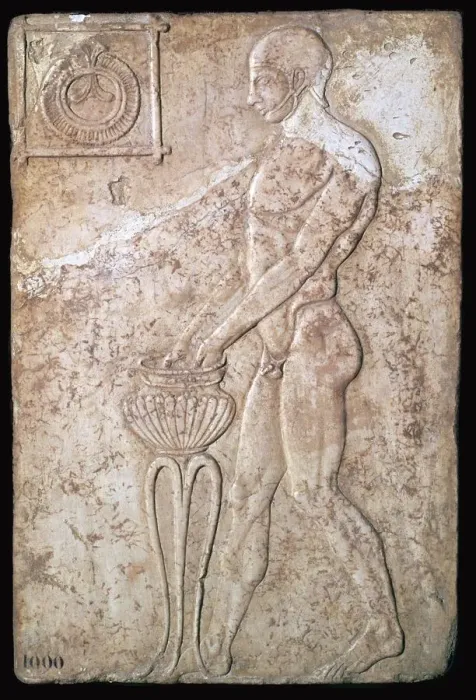 Framed Print : Votive relief of an athlete making a lustration, 2nd century Framed Print : Votive relief of an athlete making a lustration, 2nd century