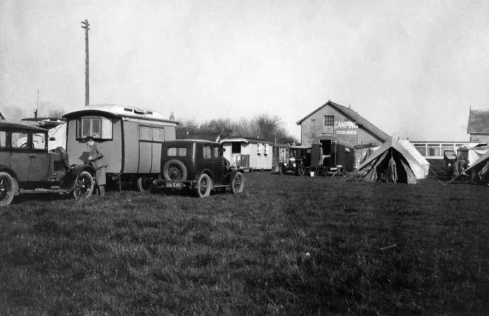 Framed Print : Voyageur caravan with Austin Seven on campsite early 1930 s. Creator: Unknown Framed Print : Voyageur caravan with Austin Seven on campsite early 1930 s. Creator: Unknown