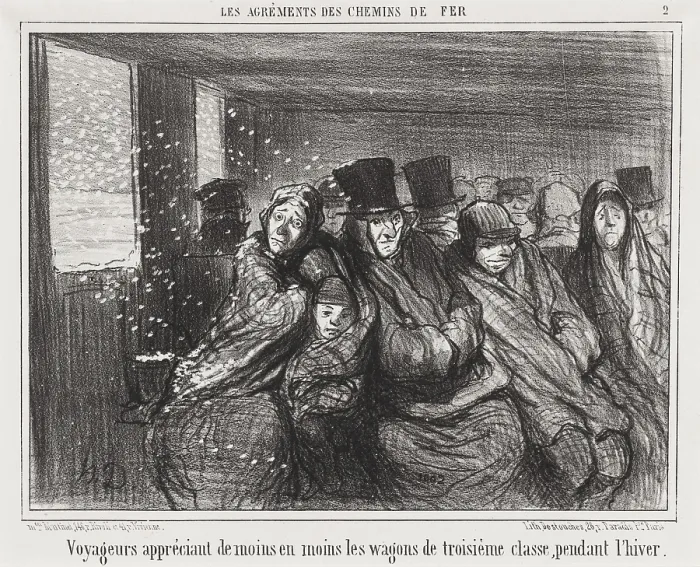 Framed Print : Voyageurs appreciant de moins en moins les wagons de troisieme classe pendant l'hiver, 1856