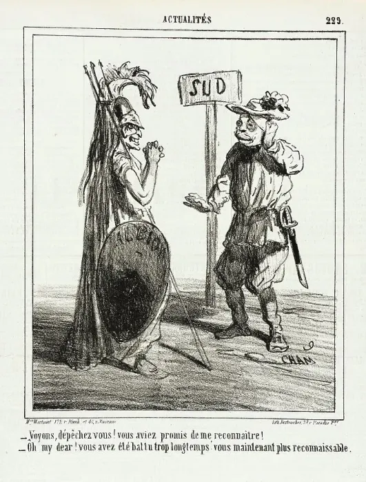 Framed Print : Voyons, Dépêchez vous! vous aviez promis de me reconnaitre! -Oh my dear! Vous avez été battu...1865 Creator: Cham Framed Print : Voyons, Dépêchez vous! vous aviez promis de me reconnaitre! -Oh my dear! Vous avez été battu...1865 Creator: Cham