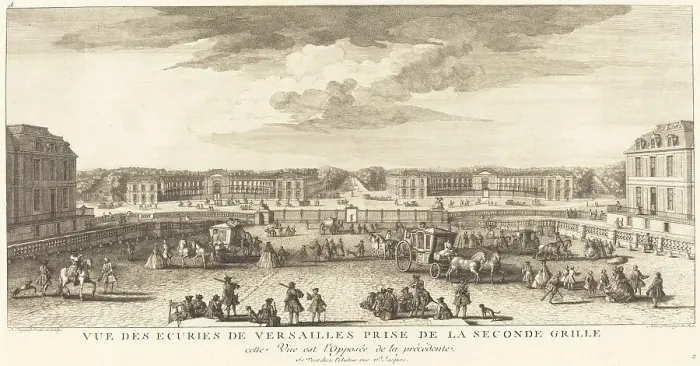 Framed Print : Vue des Ecuries de Versailles Prise de la Seconde Grille. Creator: Jacques Rigaud Framed Print : Vue des Ecuries de Versailles Prise de la Seconde Grille. Creator: Jacques Rigaud