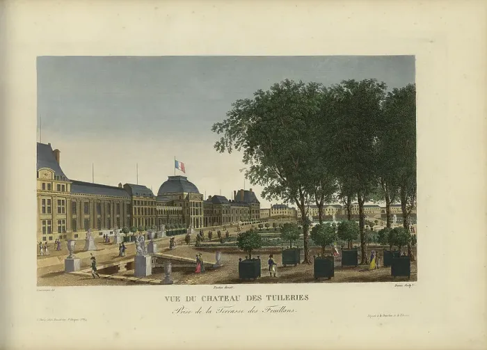 Framed Print : Vue du château des Tuileries, prise de la Terrasse des Feuillants, 1817-1824. Creator: Courvoisier-Voisin, Henri (1757-1830) Framed Print : Vue du château des Tuileries, prise de la Terrasse des Feuillants, 1817-1824. Creator: Courvoisier-Voisin, Henri (1757-1830)