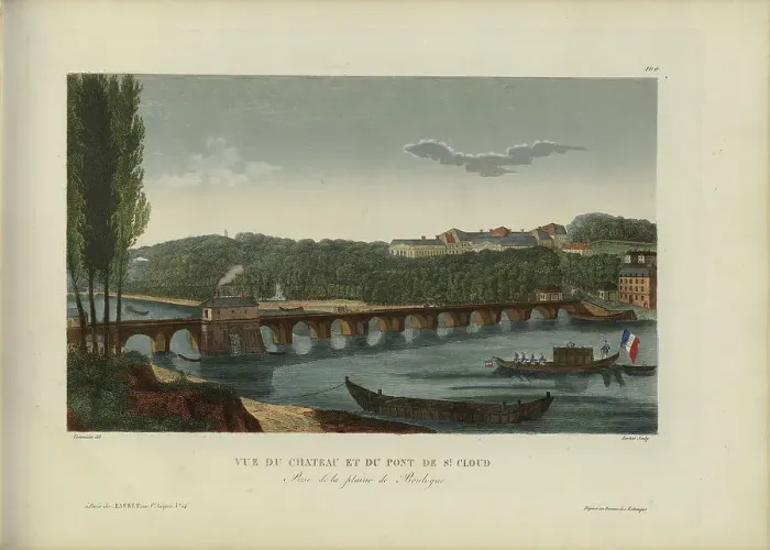 Framed Print : Vue du château et du pont de Saint-Cloud, prise de la plaine de Boulogne, 1817-1824. Creator: Courvoisier-Voisin, Henri (1757-1830) Framed Print : Vue du château et du pont de Saint-Cloud, prise de la plaine de Boulogne, 1817-1824. Creator: Courvoisier-Voisin, Henri (1757-1830)