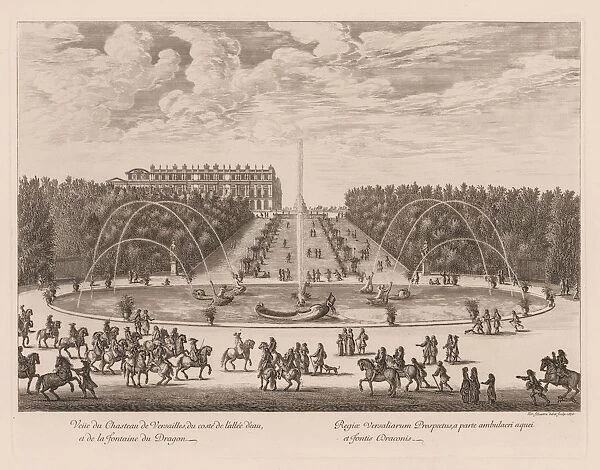 Vue du Chateau de Versailles, du cote de lallee et de la fontaine du Dragon