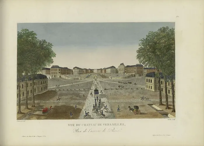 Framed Print : Vue du château de Versailles, prise de l'avenue de Paris, 1817-1824. Creator: Courvoisier-Voisin, Henri (1757-1830) Framed Print : Vue du château de Versailles, prise de l'avenue de Paris, 1817-1824. Creator: Courvoisier-Voisin, Henri (1757-1830)