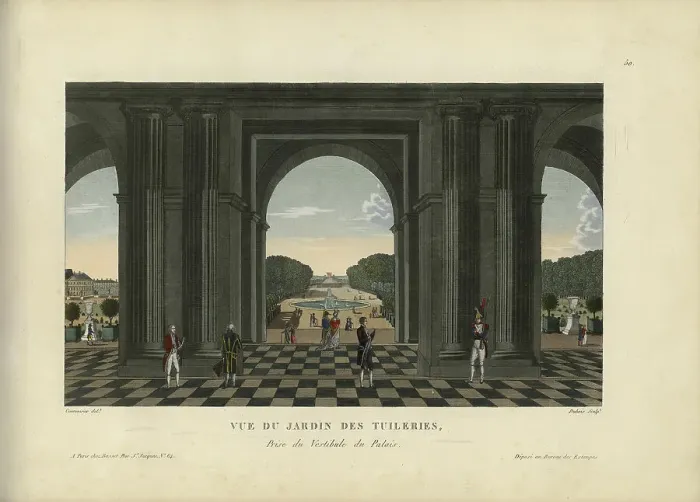 Framed Print : Vue du jardin des Tuileries, prise du vestibule du Palais, 1817-1824. Creator: Courvoisier-Voisin, Henri (1757-1830) Framed Print : Vue du jardin des Tuileries, prise du vestibule du Palais, 1817-1824. Creator: Courvoisier-Voisin, Henri (1757-1830)