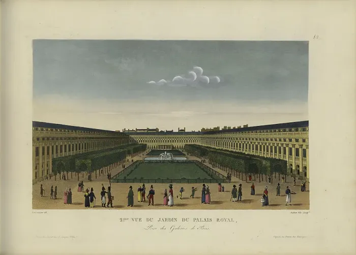 Framed Print : Vue du jardin du Palais-Royal, prise des galeries de bois, 1817-1824. Creator: Courvoisier-Voisin, Henri (1757-1830) Framed Print : Vue du jardin du Palais-Royal, prise des galeries de bois, 1817-1824. Creator: Courvoisier-Voisin, Henri (1757-1830)