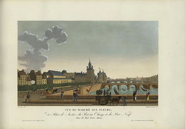 Vue du marché aux Fleurs, du Palais de justice, du Pont-au-change et du Pont-Neuf... 1817-1824. Creator: Courvoisier-Voisin, Henri (1757-1830)