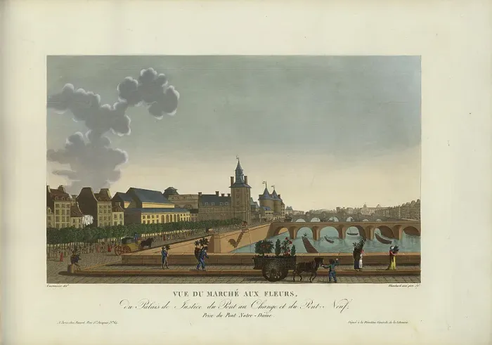 Framed Print : Vue du marché aux Fleurs, du Palais de justice, du Pont-au-change et du Pont-Neuf... 1817-1824. Creator: Courvoisier-Voisin, Henri (1757-1830) Framed Print : Vue du marché aux Fleurs, du Palais de justice, du Pont-au-change et du Pont-Neuf... 1817-1824. Creator: Courvoisier-Voisin, Henri (1757-1830)