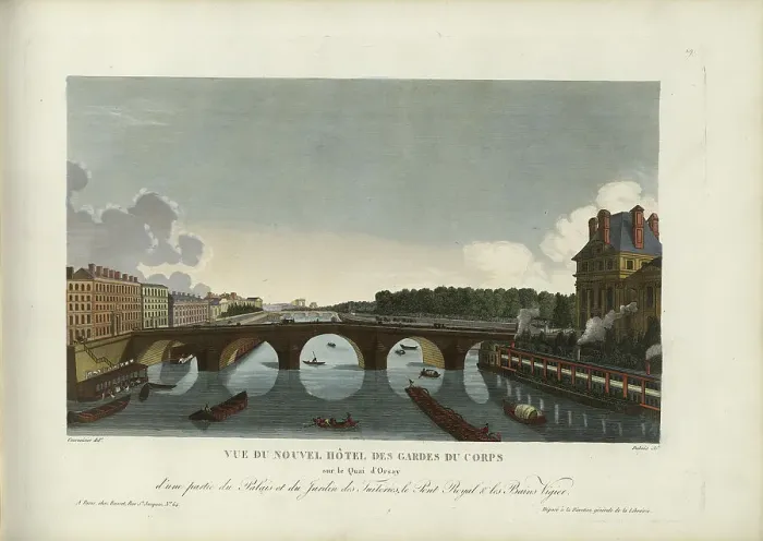 Framed Print : Vue du Nouvel Hôtel des Gardes du Corps sur le quai d'Orsay, d'une partie du palais... 1817-1824. Creator: Courvoisier-Voisin, Henri (1757-1830)